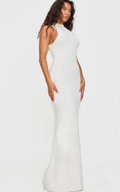 Cream Fluffy Boucle Knit Racer Maxi Dress