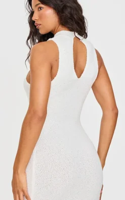 Cream Fluffy Boucle Knit Racer Maxi Dress