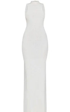 Cream Fluffy Boucle Knit Racer Maxi Dress