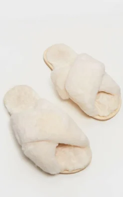 Cream Fluffy Cross Strap Slippers