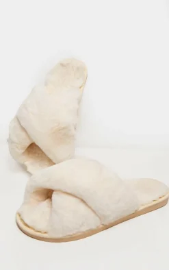 Cream Fluffy Cross Strap Slippers