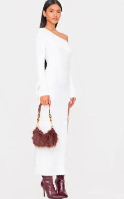 Cream Fluffy One Shoulder Maxi Dress
