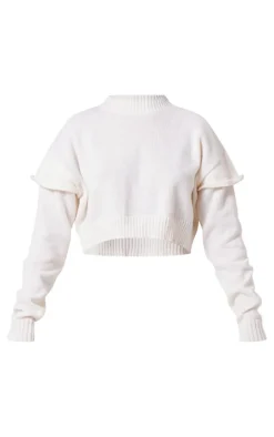 Cream Frill Edge Sleeve Detail Crop Sweater