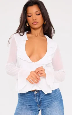 Cream Frill Plunge Long Sleeve Frill Cuff Blouse