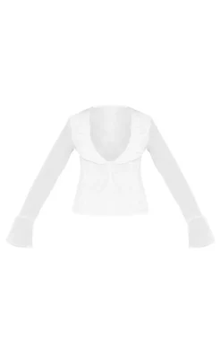 Cream Frill Plunge Long Sleeve Frill Cuff Blouse