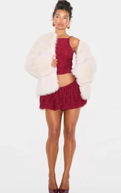 Cream Glitter Faux Fur Coat