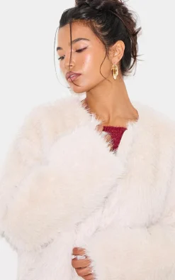 Cream Glitter Faux Fur Coat
