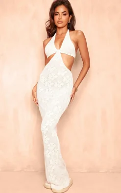 Cream Halterneck Floral Cut Out Maxi Dress