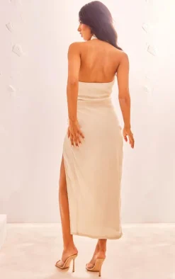 Cream Halterneck Knot Detail Slit Maxi Dress