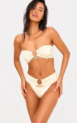 Cream Hammered Trim High Waist Bikini Bottoms