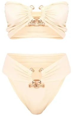 Cream Hammered Trim High Waist Bikini Bottoms