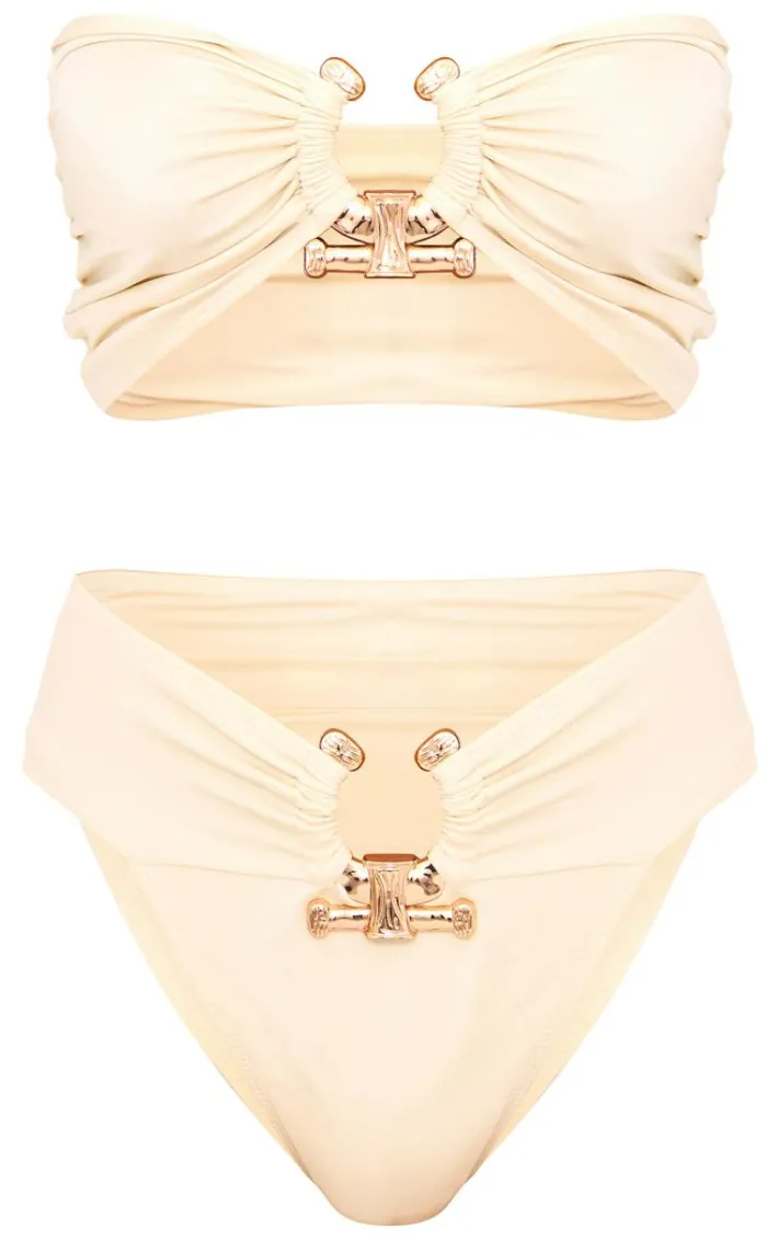Cream Hammered Trim High Waist Bikini Bottoms
