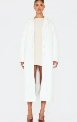 Cream High Shine Textured Faux Leather Maxi Coat