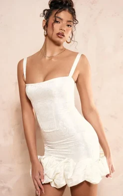 Cream Jacquard Puff Ball Hem Mini Dress