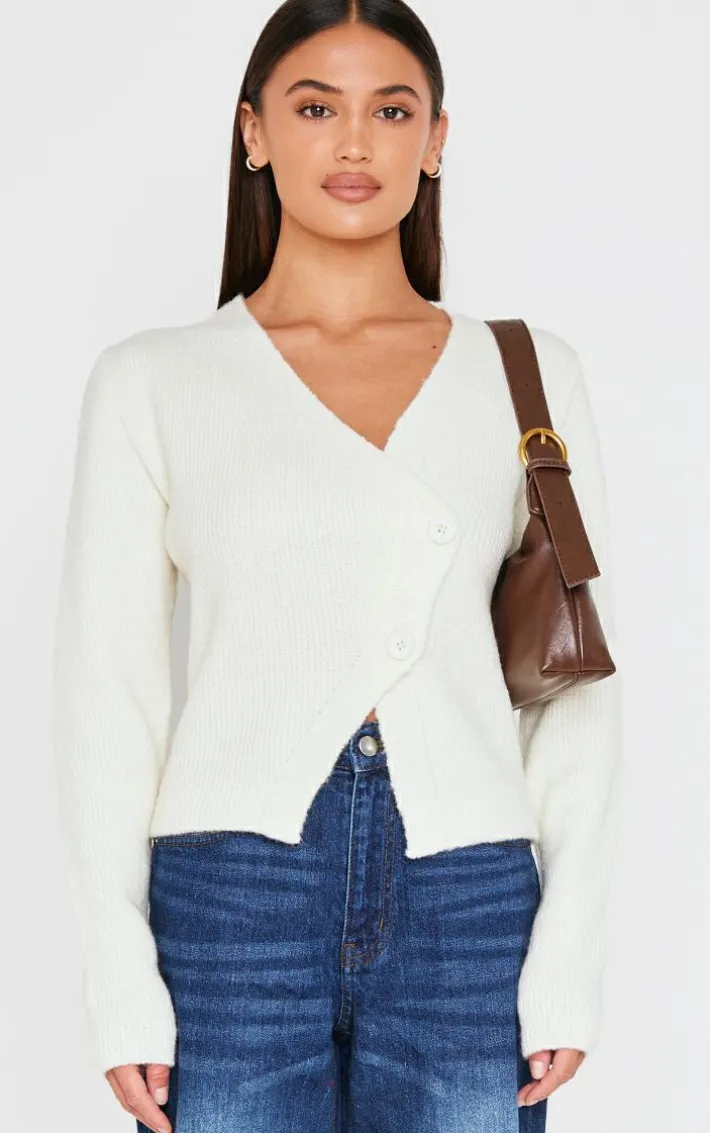Cream Knit Asymmetric Button Cardigan