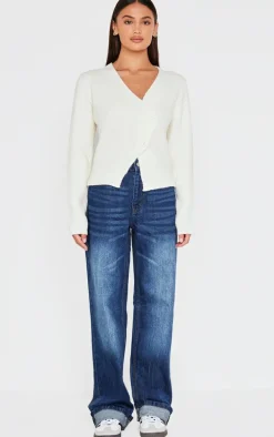 Cream Knit Asymmetric Button Cardigan