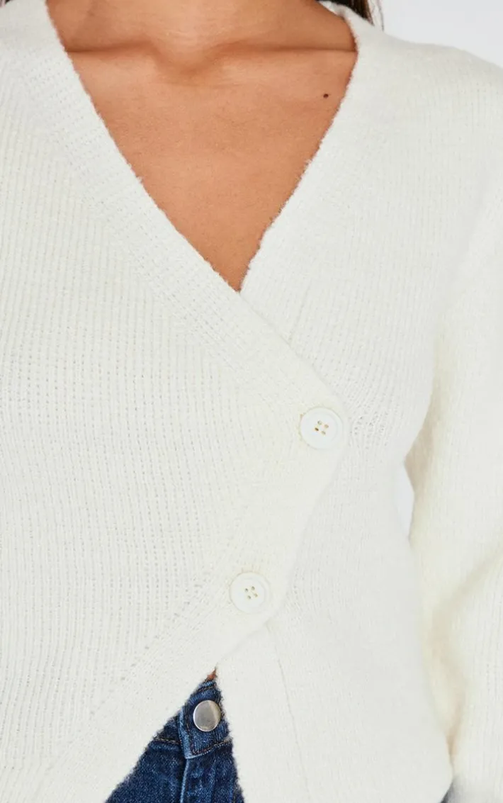 Cream Knit Asymmetric Button Cardigan