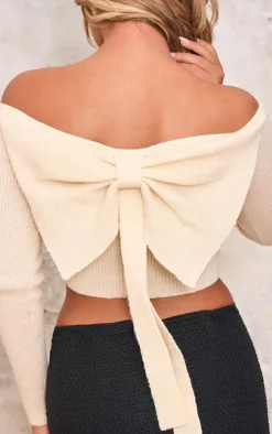 Cream Knitted Bow Back Bardot Top