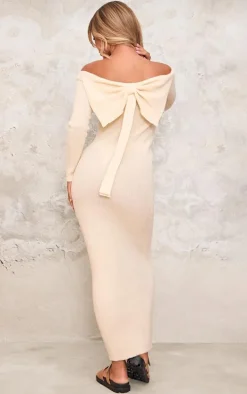 Cream Knitted Bow Back Bardot Maxi Dress