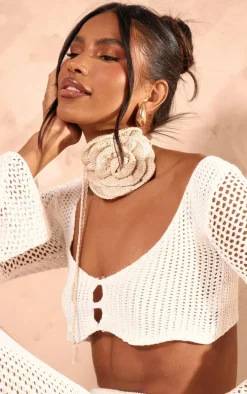 Cream Knitted Corsage Neck Tie