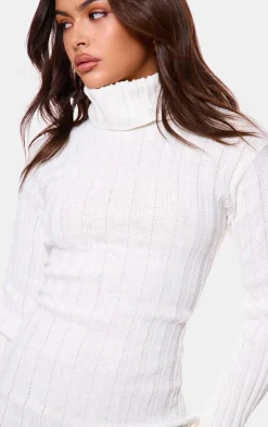 Cream Knitted Roll Neck Sweater Dress