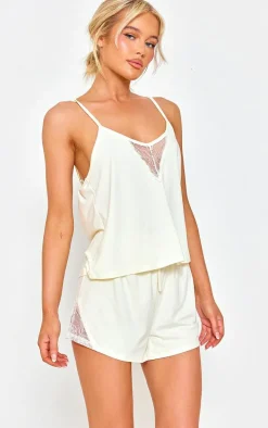 Cream Lace Detail Cami And Short Pajama Set