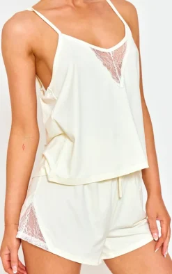 Cream Lace Detail Cami And Short Pajama Set