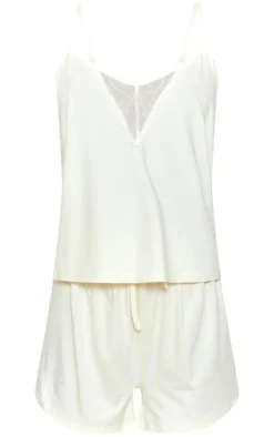 Cream Lace Detail Cami And Short Pajama Set