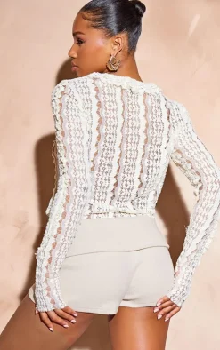 Cream Lace Ruffle Detail Tie Blouse