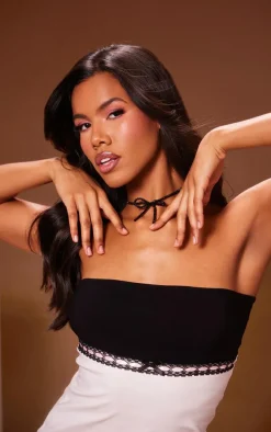 Cream Lace Trim Bow Detail Bandeau Mini Dress