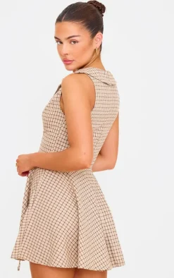 Cream Lace Up Check Shift Dress