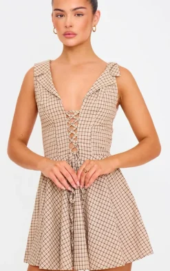 Cream Lace Up Check Shift Dress