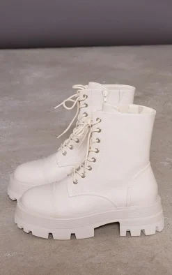 Cream Lace Up Chunky Sole Combat Boots
