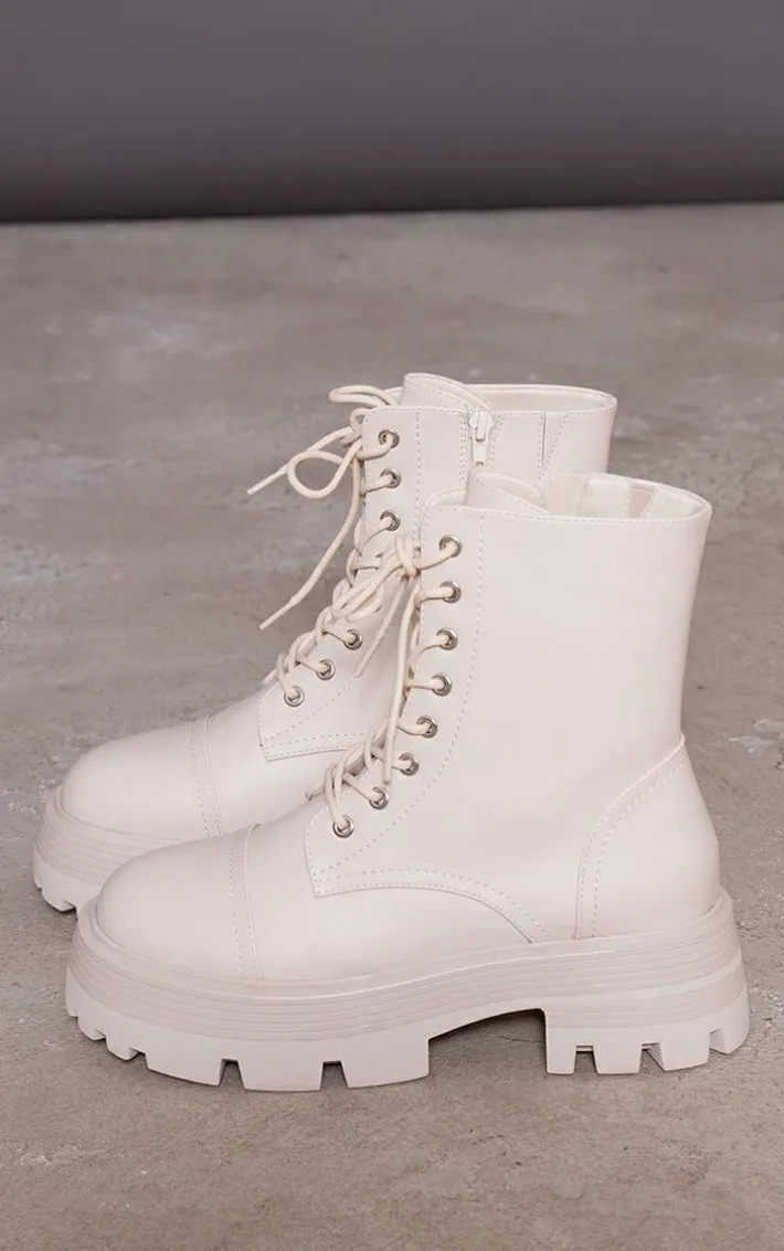 Cream Lace Up Chunky Sole Combat Boots