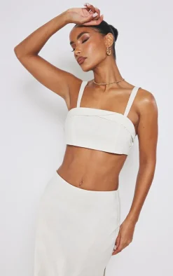 Cream Linen Look Foldover Detail Structured Bralet
