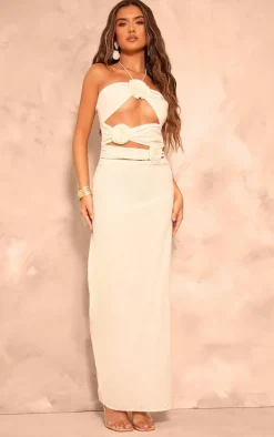 Cream Linen Look Rose Detail Tie Neck Cut Out Maxi Dress