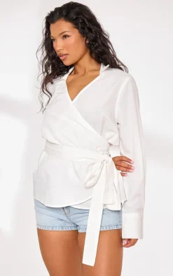 Cream Linen Wrap Tie Oversize Shirt