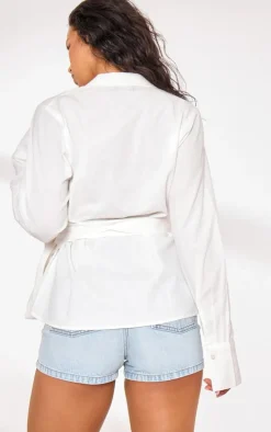 Cream Linen Wrap Tie Oversize Shirt