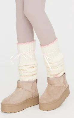 Cream Loose Knit Bow Leg Warmers
