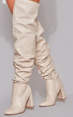 Cream Matte Pu Round Toe Ruched Over The Knee Block Heeled Boots
