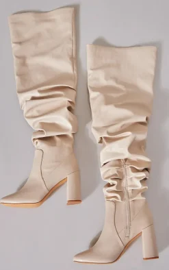 Cream Matte Pu Round Toe Ruched Over The Knee Block Heeled Boots