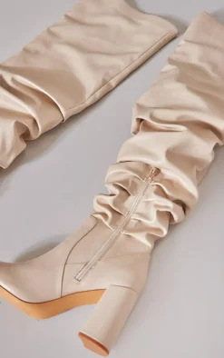 Cream Matte Pu Round Toe Ruched Over The Knee Block Heeled Boots