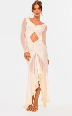 Cream Mesh Long Sleeve Frill Detail Cut Out Maxi Dress