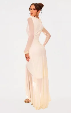 Cream Mesh Long Sleeve Frill Detail Cut Out Maxi Dress