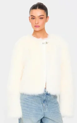 Cream Metal Trim Detail Faux Fur Jacket