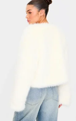 Cream Metal Trim Detail Faux Fur Jacket