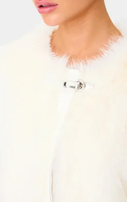Cream Metal Trim Detail Faux Fur Jacket