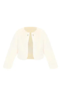 Cream Metal Trim Detail Faux Fur Jacket