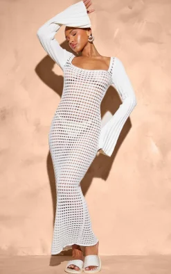 Cream Open Crochet Scoop Back Maxi Dress