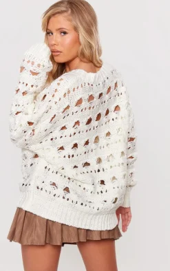 Cream Open Knit Slouchy Neck Sweater